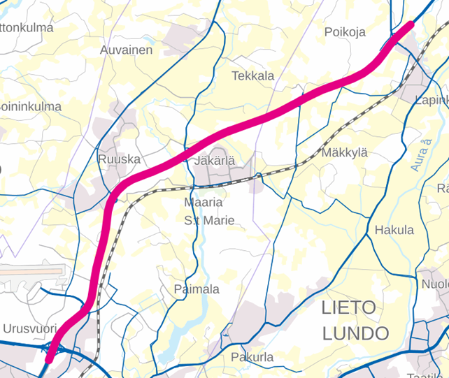 Kartta kuva kaidekunnostuksista Kärsämäen ja Poikojan eritasoliittymien välillä.