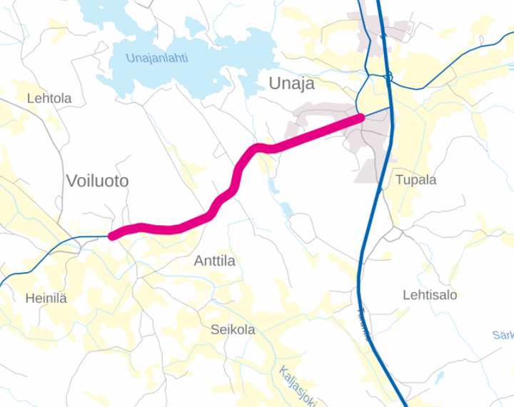 Voiluodon ja Unajan välinen jalankulku- ja pyörätie kuvattuna kartalla.