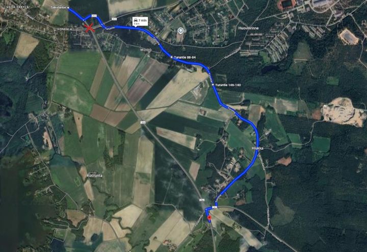 Mt 204 kiertotie kartalla Vähä-Säkylän ylikulkukäytävän purkutöiden aikana