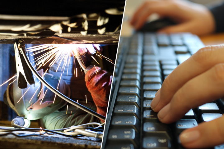 Vasemmanpuoleisessa kuvassa hitsajaa, oikealla näppäimistö ja sormet.