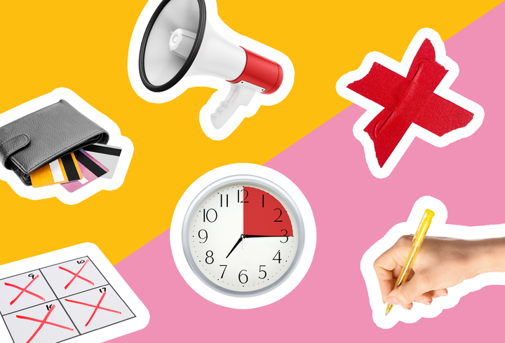 Kollaasi värikkäällä taustalla, jossa on korttilompakko, kello, kaiutin, kirjoitusväline, punainen ruksi, ja kalenteri, jossa on punaisia raksittuja päiviä.