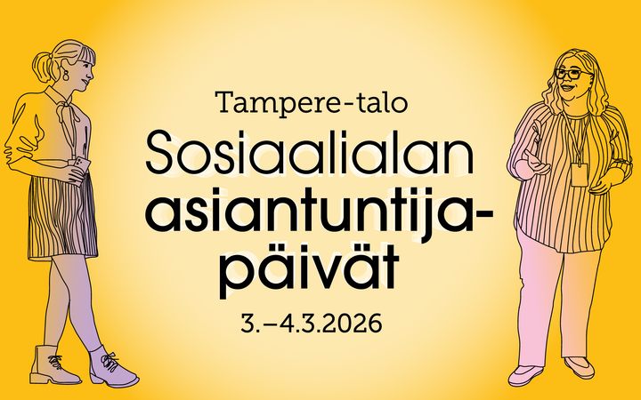 En tunne, keitä kuvassa on, mutta tässä on ehdotus vaihtoehtoiseksi kuvatekstiksi:

"Kaksi henkilöä seisoo keltaisella taustalla. Teksti: 'Tampere-talo, Sosiaalialan asiantuntijapäivät, 3.–4.3.2026'."
