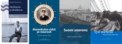 Neljän Nauctica Fennica -vuosikirjan kannet, sisältäen teemat: merihistoria, merenkulun riskit, Suomi saarena ja työ merellä.