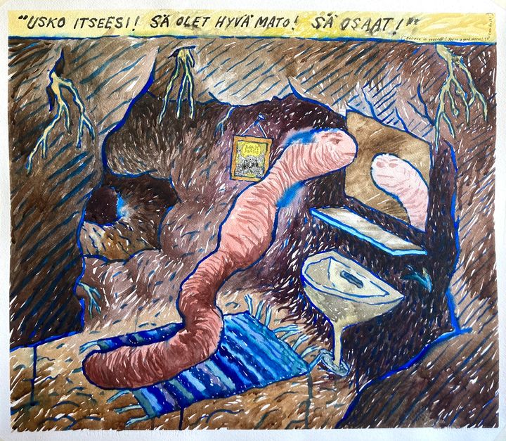 Ville Vuorenmaan näyttely Tsemppimato on esillä Oulun kuvataiteen talon Galleria 5:ssä 21.1.–15.2.2026. Kuva: Ville Vuorenmaa