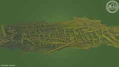 Alt-text: 3D-modell av ett skeppsvrak mot en grön bakgrund.