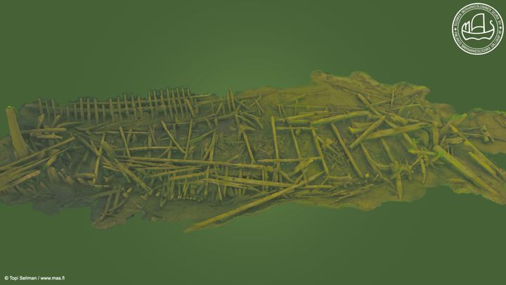 Alt-text: 3D-modell av ett skeppsvrak mot en grön bakgrund.