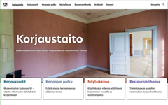 Kuva Korjaustaito.fin etusivusta, jossa on vaaleanpunainen huone ja useita valkoisia ovia. Alareunassa on navigointipainikkeita eri korjausaiheista.