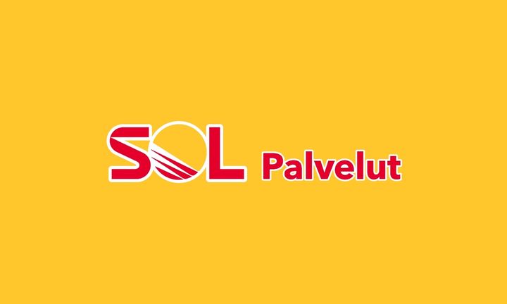 Kuvassa keltainen tausta ja keskellä SOL Palveluiden logo