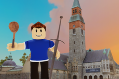 Roblox-hahmo pitelee kauhaa ja miekkaa kädessään Kansallismuseon edessä.