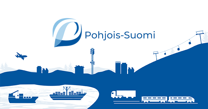 koristeellinen Piirroskuva Pohjois-Suomen aluehallintoviraston toimintaympäristöstä. Piirretty siluetti maisemasta, jossa on Pohjois-Suomen teollisuutta, 5G - 6G tietoliikennettä, matkailua, laiva-, juna- ja lentoliikennettä kuvaavia piirroksia.