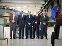 Left to right: State Secretary, Jens Plötner; CEO of Eurofighter, Jorge Tamarit Degenhardt; NETMA General Manager, AVM Simon Ellard; CEO of EUROJET Turbo GmbH, Ralf Breiling; CEO of Airbus Defence & Space, Dr. Michael Schöllhorn at the signature ceremony in Manching.