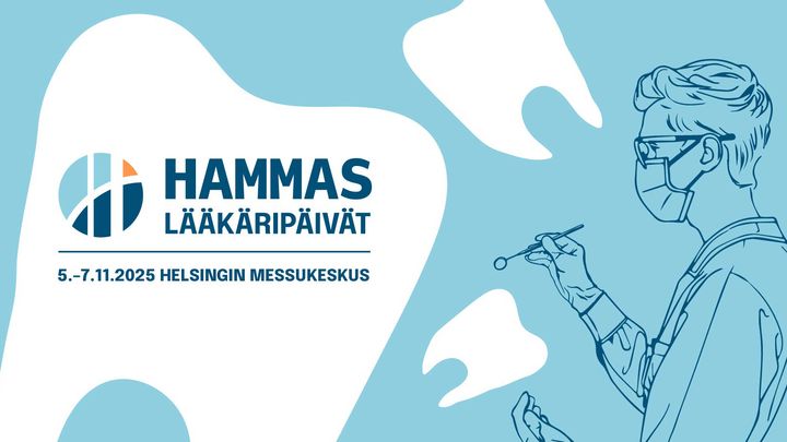 Sinisävyinen kuva, jossa lukee "Hammaslääkäripäivät 5.-7.11.2025 Helsingin Messukeskus". Piirretty hahmo pitää hammashoitotyökaluja.