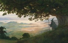 John Howe, "A Wizard is Never Late", 2017, muste ja akvarelli paperille, alkuperäinen julkaisija HarperCollins Publishers Ltd.