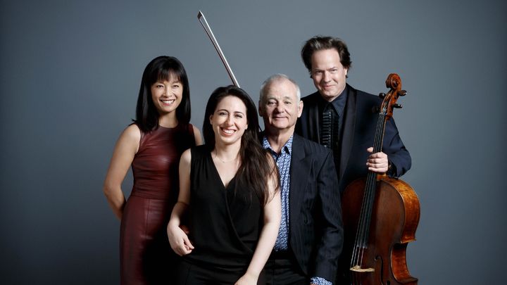 Näyttelijä Bill Murray ja muusikot Jan Vogler, Mira Wang ja Vanessa Perez esiintyvät Tampere-talossa torstaina 3. heinäkuuta. Kuva: Peter Rigaud