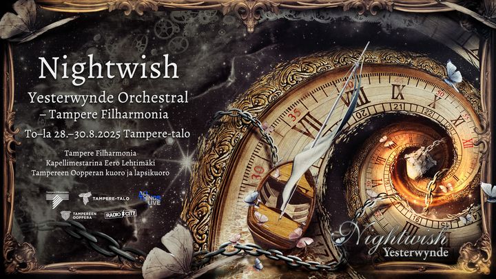 Nightwish Yesterwynde Orchestral -konsertit soivat Tampereella 28.–30. elokuuta 2025. Levynkansitaide: Pete Voutilainen