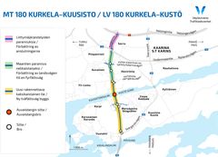Väyläviraston piirroskuvaan on merkitty Mt180 Kurkela-Kuusisto-hankkeessa rakennettavat tie- ja liittymäosuudet sekä sillat.