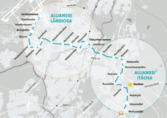 Itäosan allianssissa rakennetaan uudet raitiotiepysäkit, jotka ovat Kuusikko, Porttipuisto, Kaskela, Hakunila, Hevoshaanpolku, Vaarala, Kuussilta, Fazerila, Rajakylä, Länsimäki ja Mellunmäki.