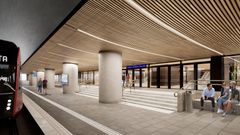 Tampereen henkilöratapiha -hankkeessa Kreate rakentaa uuden matkaterminaalin sisäänkäynnin Itsenäisyydenkadun alikulussa. Väyläviraston havainnekuva.