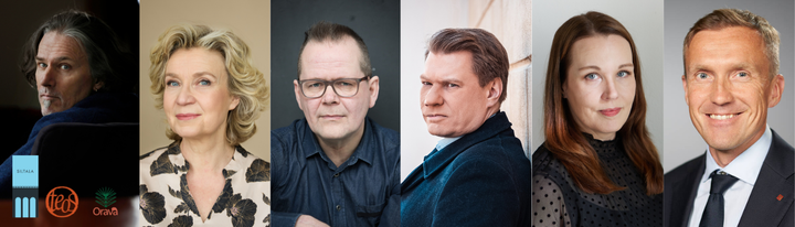 Media-aamiaisella kirjailijat Jyrki Kiiskinen, Sirpa Kähkönen, Kari Hotakainen, Timo Miettinen, Johanna Annola ja Jussi Tanner.
