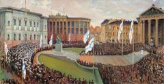 Taidemaalari Väinö Hämäläinen ikuisti teokseensa J.V. Snellmanin muistomerkin paljastustilaisuuden 12.5.1923.