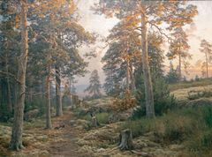Berndt Lindholm: ”Ilta metsässä”, 1892–1893, öljy kankaalle, 95 ✕ 128 cm. Viipuri-säätiö / Hämeenlinnan taidemuseo
