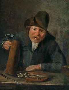 Jan Miense Molenaer: ”Vanhus oluttuoppi kädessä”, 1600-luku, öljy puulle, 19,5 ✕ 15,5 cm Gösta Serlachiuksen taidesäätiö
