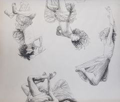 Vappu Rossi: ”Off Gravity”, 2023, nerostick ja taiteilija­­pigmentti-maalikynä kankaalle, n. 900 ✕ 270 cm (yksityiskohta kesken­eräisestä teoksesta)