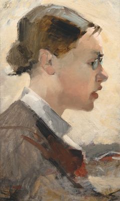 Helene Schjerfbeck: ”Helena Westermarck”, 1884, öljy kankaalle, 37,5 ✕ 22,5 cm. Teos oli esillä Gösta Serlachiuksen kokoelmaa esitelleessä näyttelyssä Ateneumissa vuonna 1919.