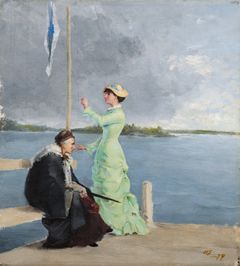 Helene Schjerfbeck: ”Laiturilla”, 1879, öljy kankaalle, 38,5 ✕ 35,2 cm, Gösta Serlachiuksen taidesäätiö, Mänttä