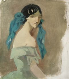 Helene Schjerfbeck: ”Nainen ja sininen hiuskoriste, Guysin mukaan”, 1940, öljy kankaalle, 69 ✕ 61 cm, Villa Gyllenberg / Signe ja Ane Gyllenbergin säätiö