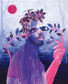 Devan Shimoyama: Daphne’s Repose (Daphnen lepo), 2016, öljy, värikynä, kollaasi ja kimalle kankaalle, 91 ✕ 66 cm