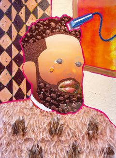 Devan Shimoyama: Bobby, 2019 öljy, akryyli, värikynä, kollaasi, kimalle, höyhenet ja jalokivet levylle pingotetulle kankaalle, 122 ✕ 90 cm