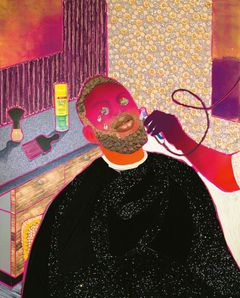 Devan Shimoyama: Stay Still (Älä liiku), 2023 öljy, värikynä, vinyyliväri, tekojalokivet, akryyli, kangas, kollaasi, korut ja kimalle levylle pingotetulle kankaalle, 213 ✕ 173 cm