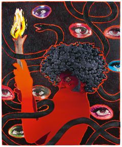 Devan Shimoyama: Le Diable (Paholainen), 2022 öljy, vinyyliväri, kollaasi, värikynä, kimalle, kangas, paljetit, silkkikukat ja korut levylle pingotetulle kankaalle, 213 ✕ 173 cm