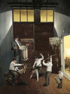 Jarmo Mäkilä:”Poikien leikit”, 2011, öljy kankaalle, 267 ✕ 196 cm, Jenny ja Antti Wihurin rahasto / Rovaniemen taidemuseo
