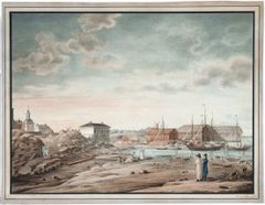 Akvarellissa Helsingin sataman rantalinjaa reunustaa kaksikerroksinen kivirakenteinen tulli- ja pakkahuone, joka oli juuri saatu korjatuksi vuoden 1809 kaupunkipalon jäljiltä. Rakennus on edelleen olemassa. Tullihuoneen taustalla kohoaa kaupungin koulutalo ja kellotapuli.