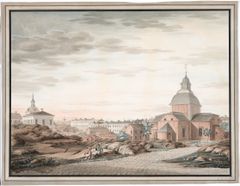 Akvarelli kaupungin maamerkeistä, kahdesta tornista. Ulrika Eleonoran kirkko oli rakennettu vuosina 1724–1727 rakennusmestari Anders Hackenbergin johdolla, ja sen barokkitorni oli uusittu arkkitehti Samuel Bernerin suunnitelman mukaan vuonna 1746.