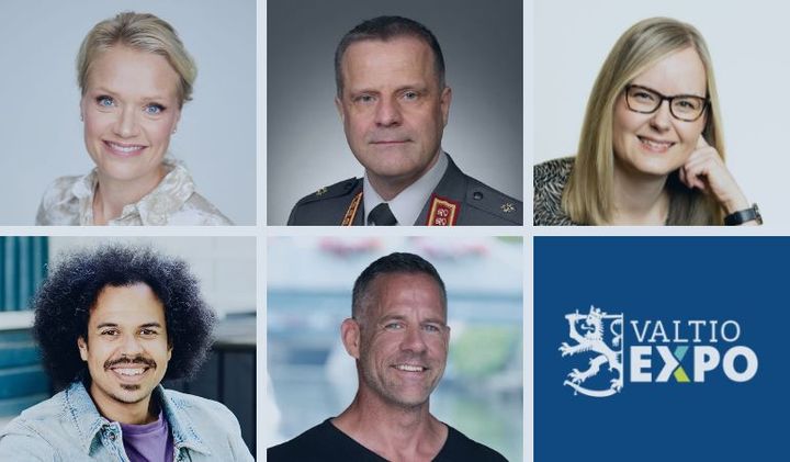 Kuvassa Maaret Kallio, Janne Jaakkola, Hannele Korhonen, Sean Ricks ja Jari Saario sekä Valtio Expon logo.