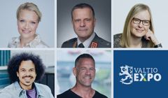 Kuvassa Maaret Kallio, Janne Jaakkola, Hannele Korhonen, Sean Ricks ja Jari Saario sekä Valtio Expon logo.