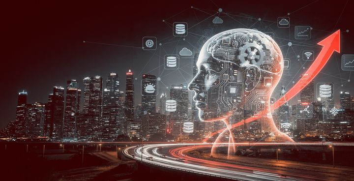 Yöaikainen kaupunkimaisema, etualalla digitaalisesti hahmoteltu ihmisprofiili täynnä teknologiaan ja maksamiseen liittyviä kuvioita, ja punainen nuoli nousemassa oikealle.