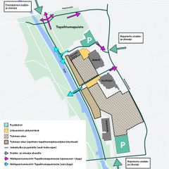 Rakennusaikainen pysäköinti ja hätäpoistumistiet Tapahtumapuistossa.