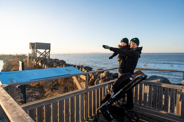 Mies pitää sylissään pientä poikaa. He ovat puisessa lintutornissa.Taustalla näkyy toinen, korkeampi lintutorni ja meri.