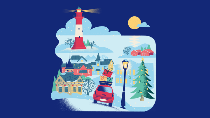 Kuva talvimaisemasta, jossa auto, joka on lastattu lahjoilla, ajaa kohti kylää. Taustalla on punavalkoinen majakka ja täysikuu.