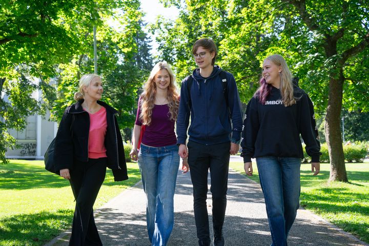 Fyra unga vuxna går sida vid sida längs en parkstig i en grön och solig miljö. I bakgrunden syns träd och gräsytor.