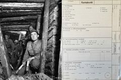 Vasemmassa kuvassa suomalaisia sotilaita Karjalankannaksella vuonna 1944. Oikeassa kuvassa sota-ajan kantakortin lomakemuotoinen etusivu, johon merkittiin tietoja sotilaasta.