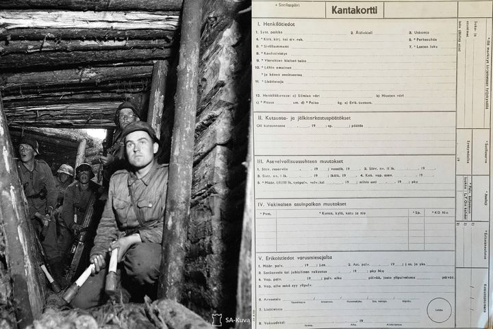 Vasemmassa kuvassa suomalaisia sotilaita Karjalankannaksella vuonna 1944. Oikeassa kuvassa sota-ajan kantakortin lomakemuotoinen etusivu, johon merkittiin tietoja sotilaasta.