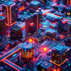 Digitaalisen kaupungin futuristinen 3D-kuvitus neonväreissä, esittäen rakennuksia ja kytkentöjä.