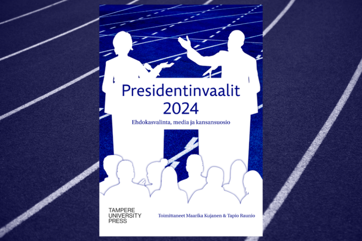 Kansikuva kirjalle "Presidentinvaalit 2024: Ehdokasvalinta, media ja kansansuosio", Tampere University Press, toimittaneet Maarika Kajanen ja Tapio Raunio. Kuvassa siluetteja puhujista sinisellä taustalla.