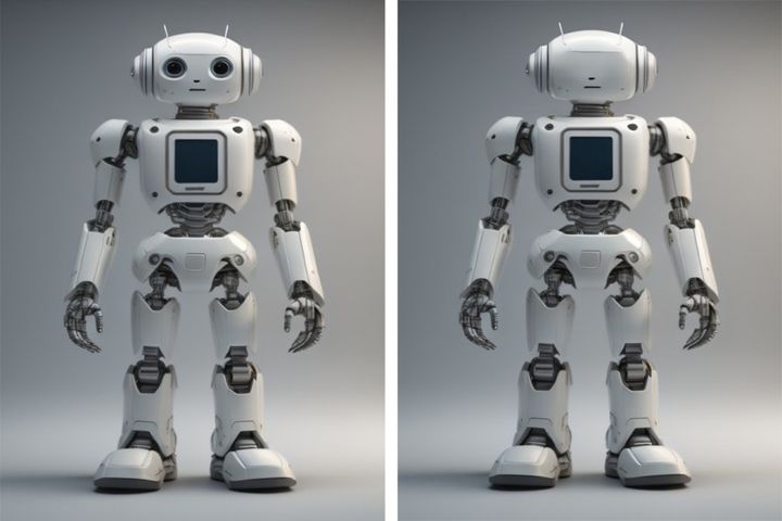 Kaksi ihmismäistä robottia: vasemmalla olevalla on silmät, oikealla ei silmiä.