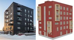 Kuvassa on kaksi kerrostaloa: vasemmalla on olemassa oleva kerrostalo lumisessa ympäristössä ja oikealla havainnekuva samasta kerrostalosta puurakenteisella julkisivulla.